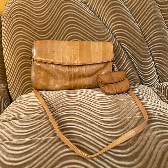 Vintage Handbags - Vintage Eel Leather Crossbody Bag and Matching Eel Change Wallet Clutch